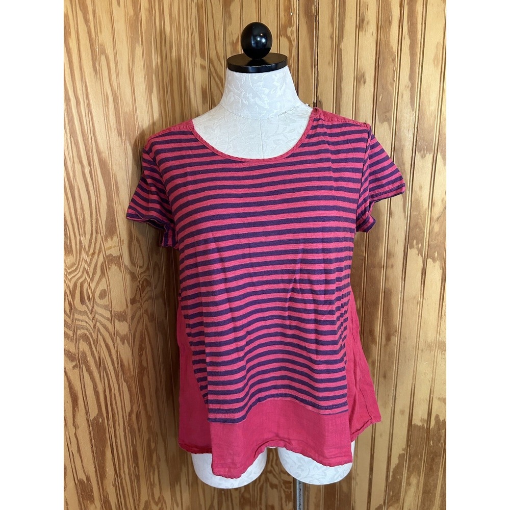 Cut Loose Top Women Size Small Red Maroon Striped Round Neck Tunic Short Sleeve